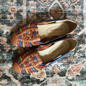 Genuine Leather Colorful Woven Flats Southwestern Blue Red Yellow Brown